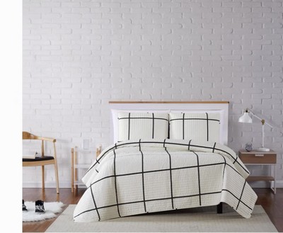 King Black and White Microfiber Windowpane Quilt Set