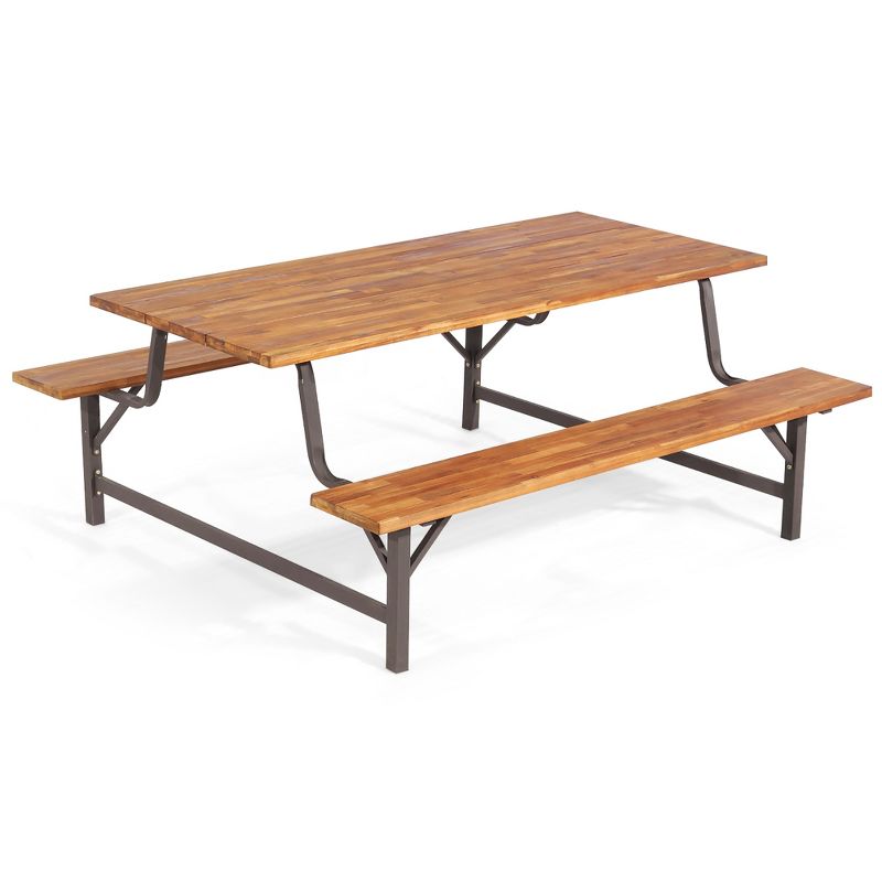 Costway Acacia Wood Patio Picnic Table Bench Set  with 71'' Tabletop ＆ 2'' Umbrella Hole, 1 of 10
