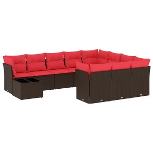 vidaXL 11 Piece Patio Sofa Set with Cushions Brown and Red Poly Rattan - 1 of 4