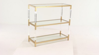 Gold Metal and Acrylic Console Table with Clear Glass Shelves