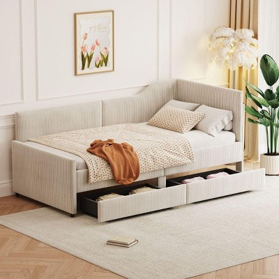 Streamdale Twin Size L-Shaped Corduroy Daybed,Upholstered Bed Frame with 2 Storage Drawers, Beige