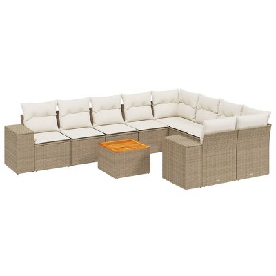 vidaXL 10 Piece Patio Sofa Set with Cushions Beige Poly Rattan - Beige and Cream Table + 5x Middle + 2x Corner