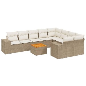 vidaXL 10 Piece Patio Sofa Set with Cushions Beige Poly Rattan - Beige and Cream Table + 5x Middle + 2x Corner - 1 of 4