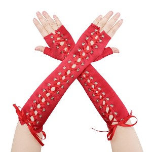 INSPIRE CHIC Women's Satin Lace Up Fingerless Elbow Length Punk Gloves 1 Pair - 1 of 4