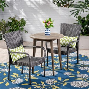 Christopher Knight Home Polly 3 Piece Acacia Wood and Wicker Outdoor Bistro Set with Stackable Chairs - 1 of 4