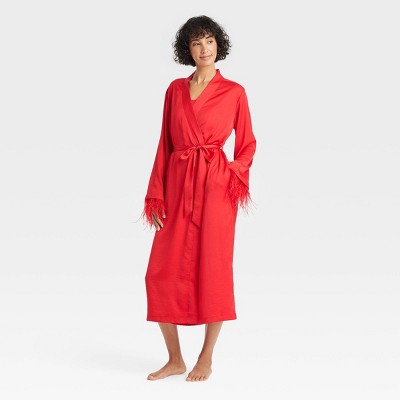 Women's Satin & Feather Robe - Auden™ Red M/L