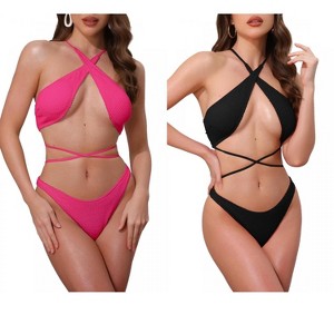 INSPIRE CHIC Women's Criss Cross Backless Ribbed Strappy Top Triangle Bottom Swimwear Bikini Suits 2 Sets - 1 of 4