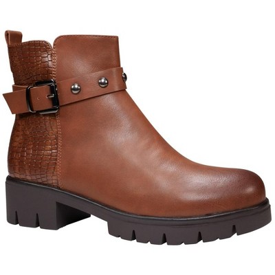 GC Shoes Georgia Cognac 6 Buckle Studded Strap Croc Block Heel Ankle Boots