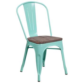 Merrick Lane Calumet Metal Stacking Chair with Curved, Slatted Back and Rustic Wood Seat