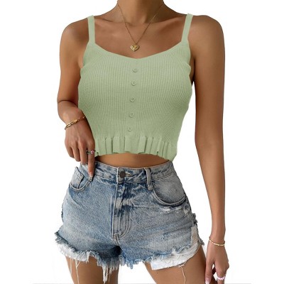 Womens Knit Camisole Tank Tops Strap Cropped Tank Tops with Ruffle Hem Front Button V Neck Cropped Camisole
