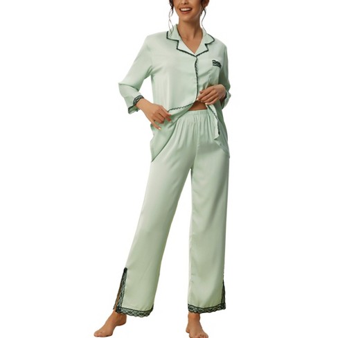 Cheibear Women's Satin Button Down Sleepwear Shirt With Shorts Pj Sets Green  Large : Target