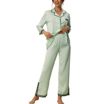 cheibear Women's Satin Lace Long Sleeve Button-Down Shirt with Pants Pajama Sets 2 Pcs
