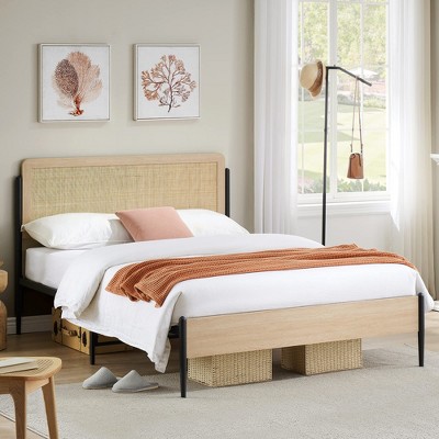 Boho Bed Frame with Natural Rattan Headboard & Solid Wood Footboard - Under Bed Storage Space