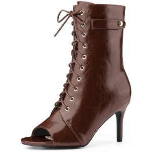 BLISSFUL STEP Women's Lace Up Peep Toe Stiletto Heel Ankle Boots - 1 of 4