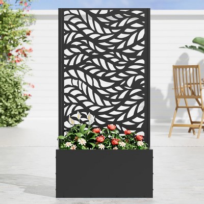 Wooakway Black Metal Planter Box with Trellis Raised Garden Bed with Arbor Privacy Screen with Wheels