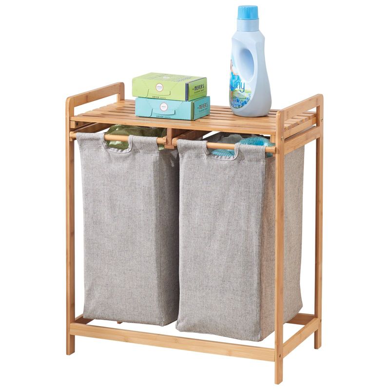 mDesign Bamboo Double Laundry Hamper, Large Capacity, 1 of 8