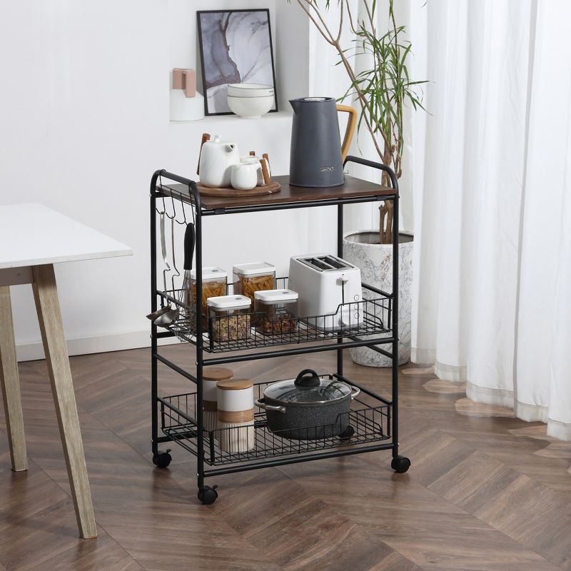 HOMCOM 24" 3-Tier Rolling Kitchen Cart, Utility Storage Trolley with 2 Basket Drawers, Side Hooks for Dining Room, 3 of 7