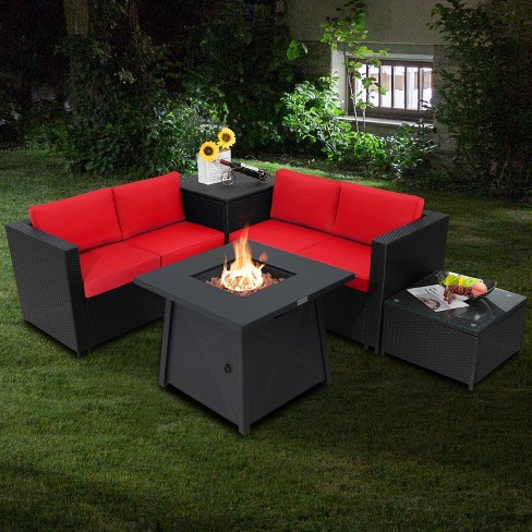 Tangkula 5PCS Outdoor Patio Furniture Set with 50 000 BTU Propane Fire Pit Table Patio Conversation Set w Cushions Storage Box Coffee Table Red