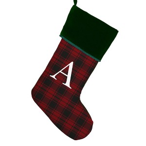 Personalization Mall Christmas Plaid Initial Christmas Stocking, Green Cuff - 1 of 2