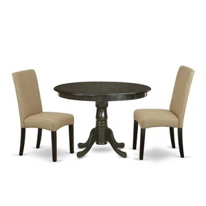 Round Dining Table Set 3pc - 42" Table & 2 Parson Chairs - Cappuccino Finish - Linen Fabric - Home Dining Room - 1 of 4