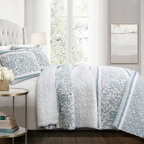 Lush Decor Lush Décor King 3pc Nisha Reversible Quilt Set Blue: Botanical Pattern, OEKO-TEX Certified