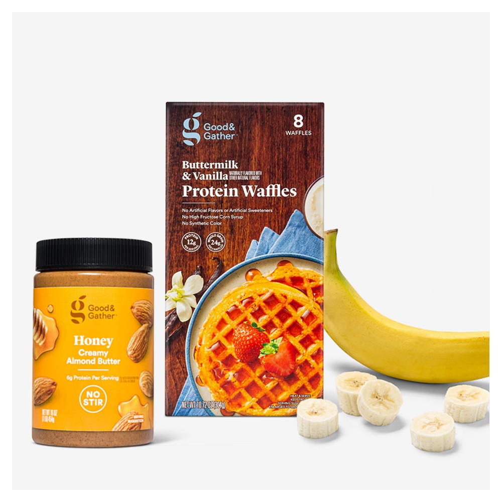 Honey Almond Butter 16oz - Good & Gather™, Buttermilk with Vanilla Frozen Protein Waffle - 8ct - Good & Gather™, Banana - each