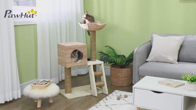 PawHut Cattail Weave Cat Tree for Indoor Cats Kitty Tower with Rattan Cat Condo, Wicker Bed, Ladder, Washable Cushions, 22.5" x 14.5" x 39.5", Natural, 2 of 8, play video