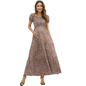 Maternity Dress Women's Smocked Square Neck Puff Sleeve Ruffle Maternity Maxi Dress for Baby Shower or Casual Wear PinkDLN S - 1 of 1