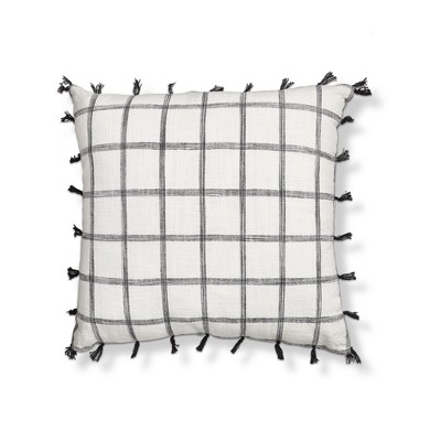 TAG 20"x20" Black Tassel Check Yarn Dyed Cotton Accent Decorative Throw Pillow Poly Filled Removable Insert Square Machine Wash