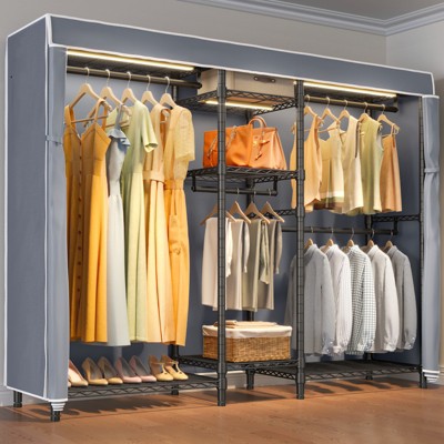 VIPEK V6LC Covered Garment Rack Heavy Duty Closet Wardrobe with Cover and Dimmable LED Lights, Black Rack with Cover