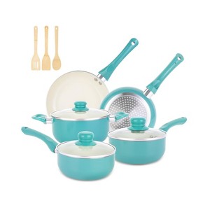 Aoibox 11-Piece Nonstick Cookware Set with Ceramic Coating, Stay Cool Handles & Bamboo Utensils, Induction Compatible, PFOA Free, Turquoise - 1 of 4