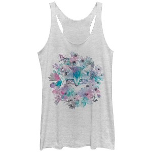 Women's Lost Gods Floral Wreath Kitten Racerback Tank Top - 1 of 3