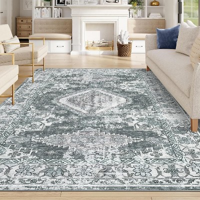 9x12 Washable Vintage Oriental Area Rug, Low-Pile Non-Slip Foldable Carpet, Stain-Resistant Soft Floor Cover for Living Room, Bedroom, Grey