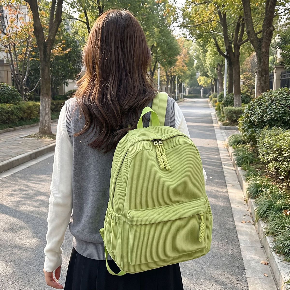 Alilang Corduroy Backpack with Front Zip Pocket Adjustable Straps and Spacious Everyday Storage - thumbnail 10