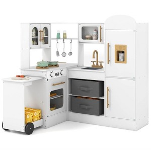 Costway Corner Kitchen with Lights and Sounds Interactive Wooden Playset Toy Kitchen Set Brown/Pink/White - 1 of 4