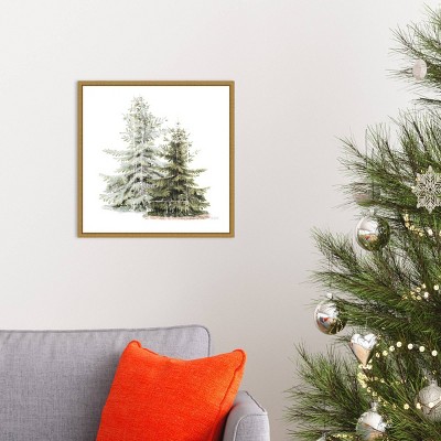 16" x 16" Vintage Wooded Holiday Trees in Snow by Katie Pertiet Framed Canvas Wall Art - Amanti Art: Seasonal Decor, Lithograph Print