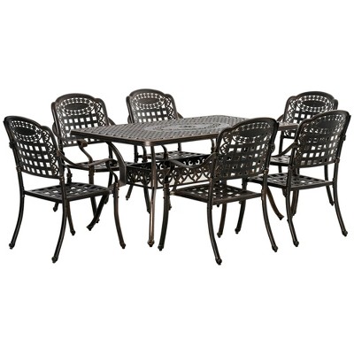 Resenkos 7-Piece Patio Dining Set, Six Armchairs And A Matching Table, Cast Aluminum, Bronze