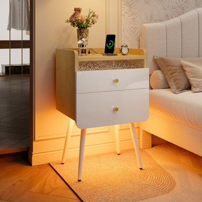 Pinmoco LED Nightstand with Two Drawers, End Table Bedside Table with Charging Station for Bedroom
