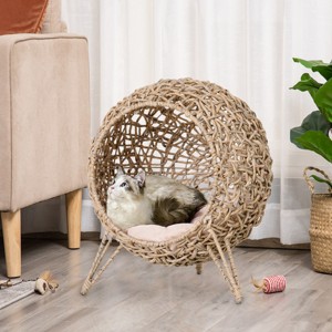LAOTIES 20" Elevated Woven Rattan Cat Bed,Handwoven Banana Leaf Kitten Condo with Soft Cushion,Breathable And Sturdy - 1 of 4