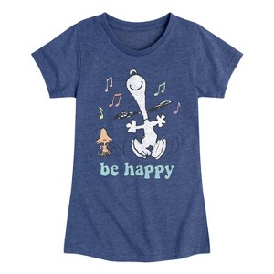 Girls' - Peanuts - Be Happy Snoopy And Woodstock Fitted Short Sleeve Graphic T-Shirt - 1 of 4