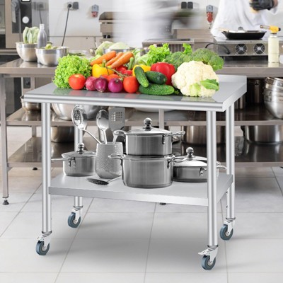 Stainless Steel Work Table - Heavy Duty Commercial Kitchen Workstation with Backsplash, 4 Casters & Adjustable Shelf