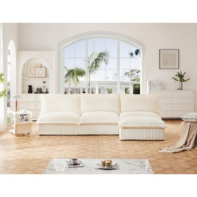 NicBex Couches for Living Room L-Shaped 3 Seater Deep Seat Armless Sofa Free Combination Corduroy Upholstered Slipcovered Sofa with Ottoman, Cream