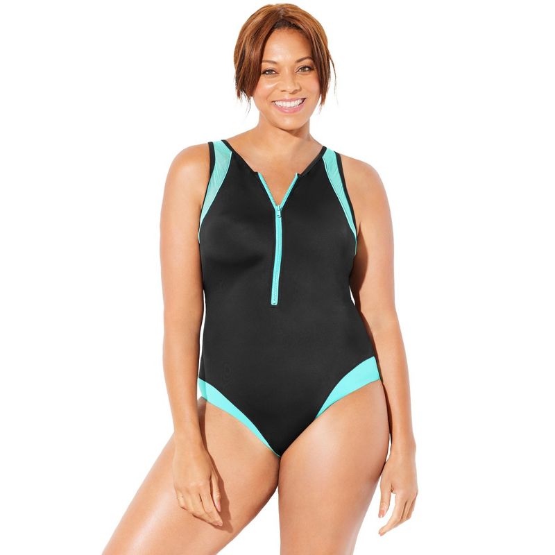 Swimsuits for All Women's Plus Size Zip-Front High Neck Chlorine Resistant One-Piece Swimsuit, 1 of 2