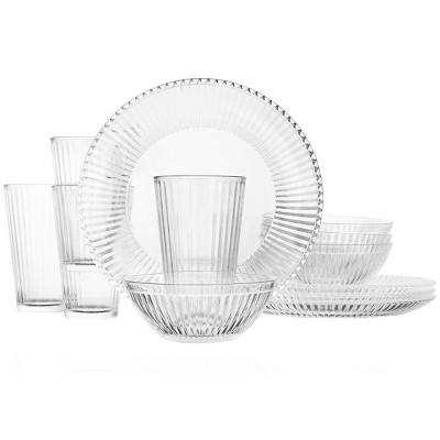 Gibson Home Clearview Stripes 12 Piece Embossed Glass Dinnerware Set