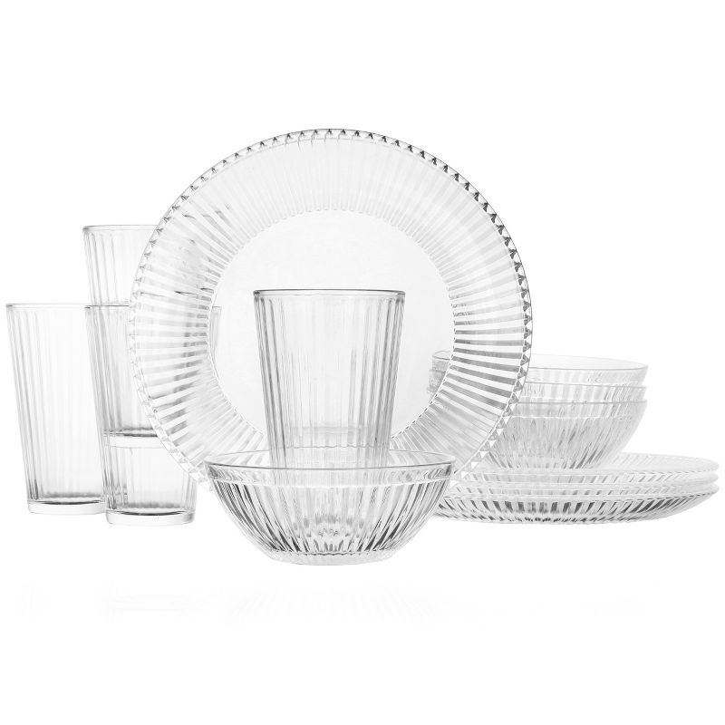 Gibson Home Clearview Stripes 12 Piece Embossed Glass Dinnerware Set, 1 of 10