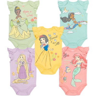 Disney Princess Ariel Belle Cinderella Rapunzel Tiana Snow White Aurora Baby Girls 5 Pack Bodysuits Newborn to Infant