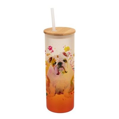 100 North 25 Ounce Frosted Glass Gradient Travel Tumbler With Straw & Wooden Lid, English Bulldog Paint Splatter Orange