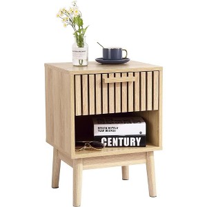 Bedside Table, Wooden Striped Nightstand, Nightstand with Drawers and Open Shelves, for Bedrooms, Living Rooms, Dormitories Small Spaces, Wood Color - 1 of 4