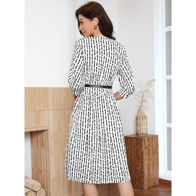 Женские платья INSPIRE CHIC Women's Pleated Puff 3/4 Sleeve Crew Neck Business Casual A-Line Midi Dresses Large White — фото 3