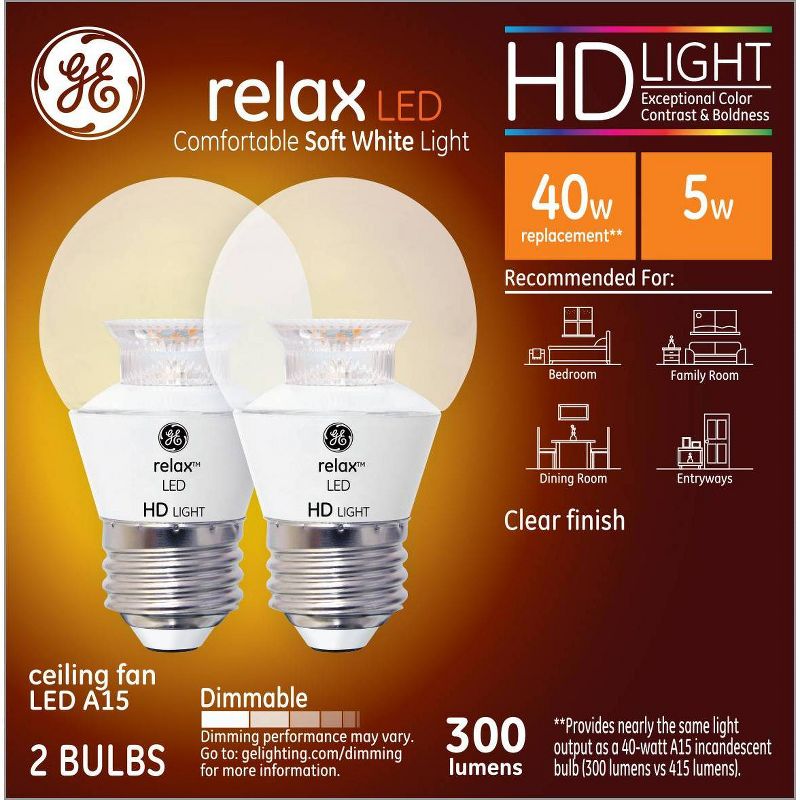 GE 2pk 40W Equivalent Relax LED HD Ceiling Fan Light Bulbs Soft White, 1 of 6